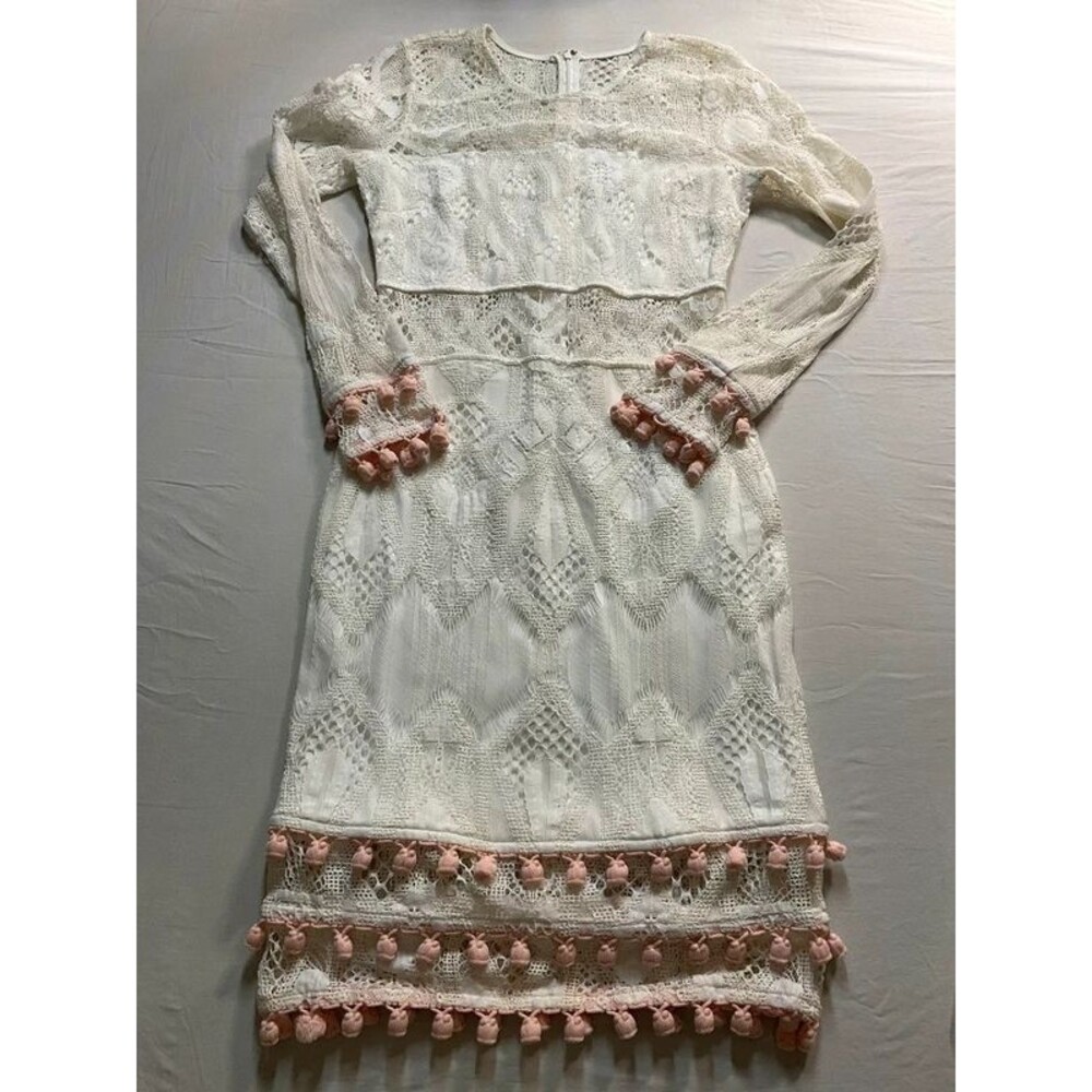 Venus White Crochet Lace Long Sleeve Midi Dress Pink Pom Pom Trim 8